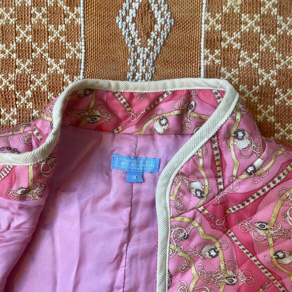 Vintage Mel Aughlin Quilted Pink Paisley Vest – Equestrian Scarf Print, Size L - Picture 1 of 5